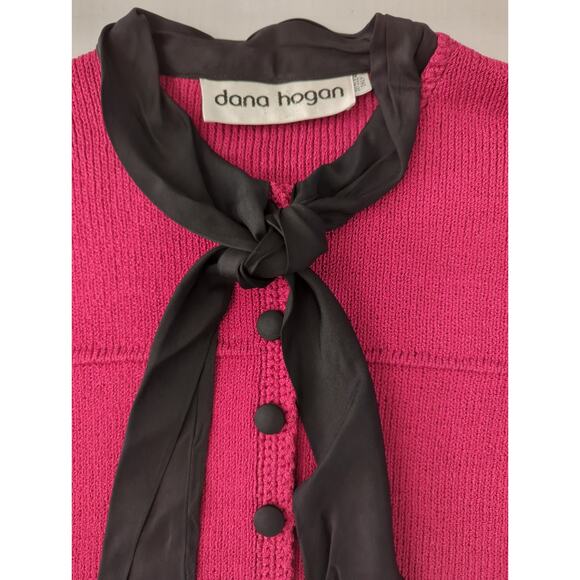 Dana Hogan Dark Pink Black Bow and Piping Santana Knit Cardigan Women's Size M - Picture 2 of 5